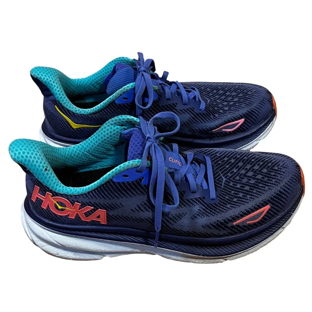 Hoka Clifton 9 Womens Road Running Sneaker Shoes 8.5 Navy Blue Teal Coral